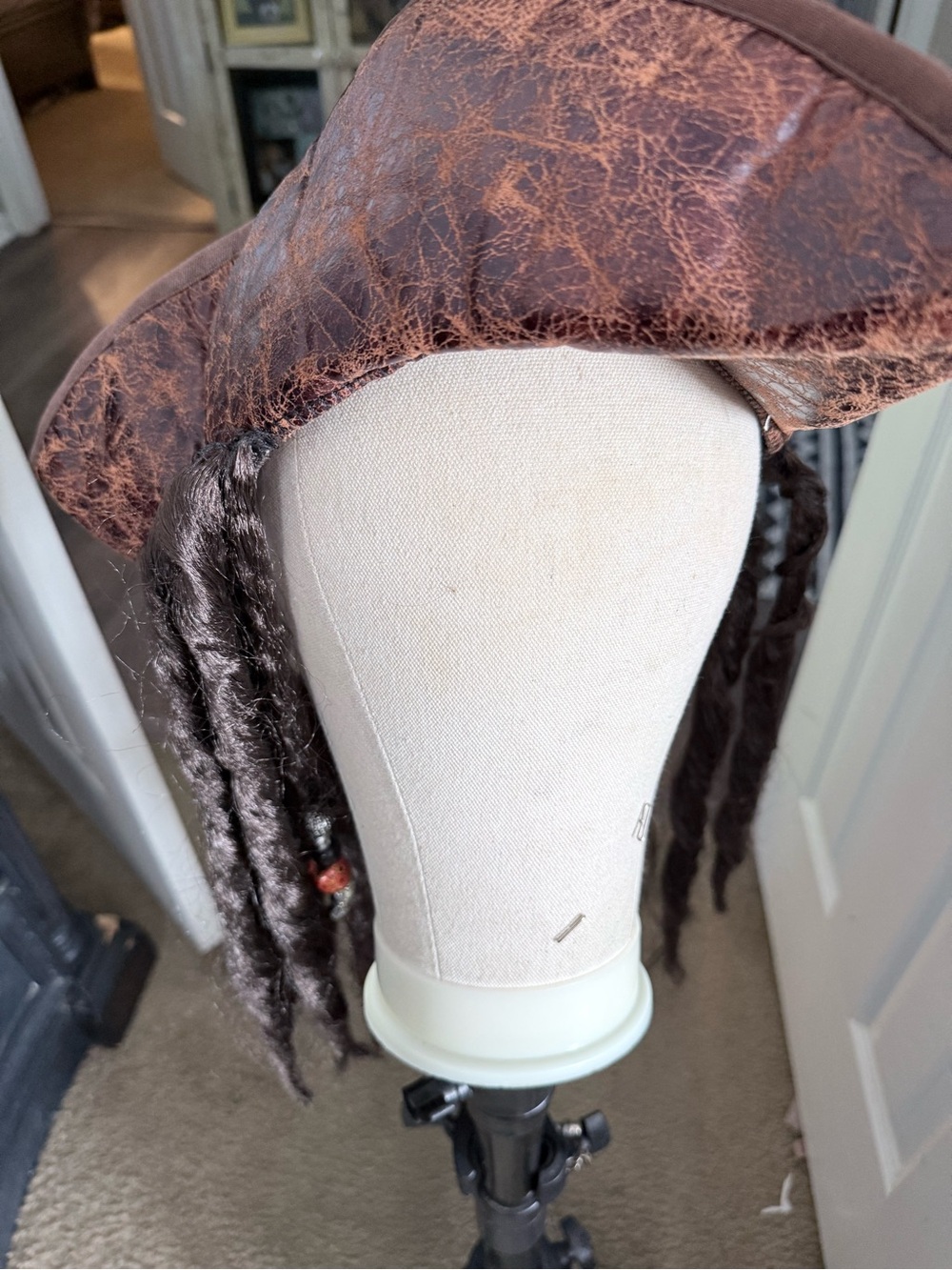 Brown Faux Leather Pirate Hat Wig with Dark Brown Braided Hair